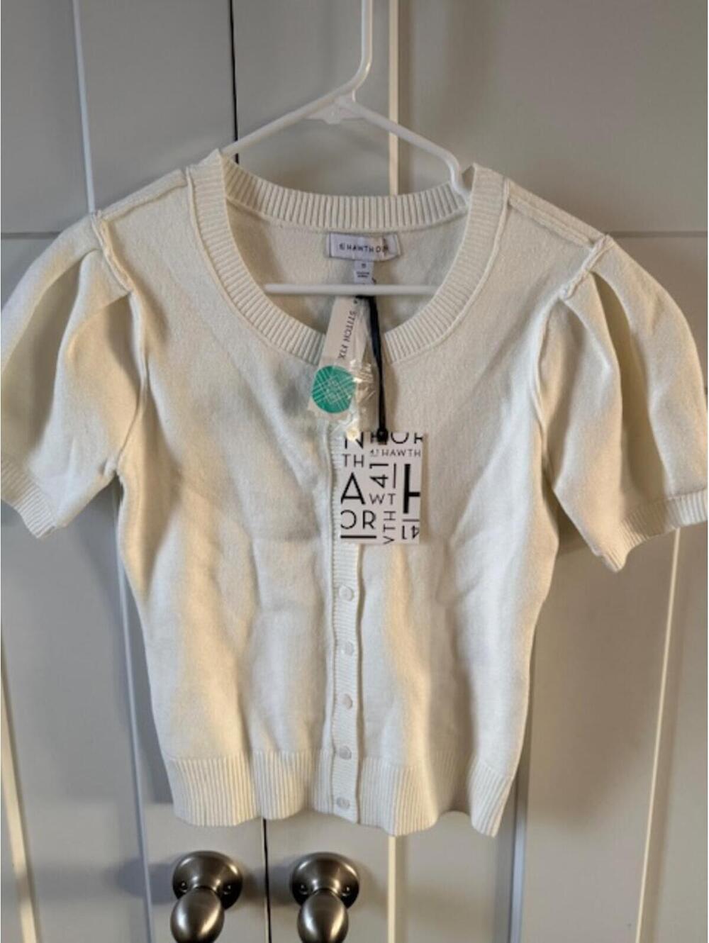 NWT 41 Hawthorne button down cream cardigan with puff short sleeves size XS